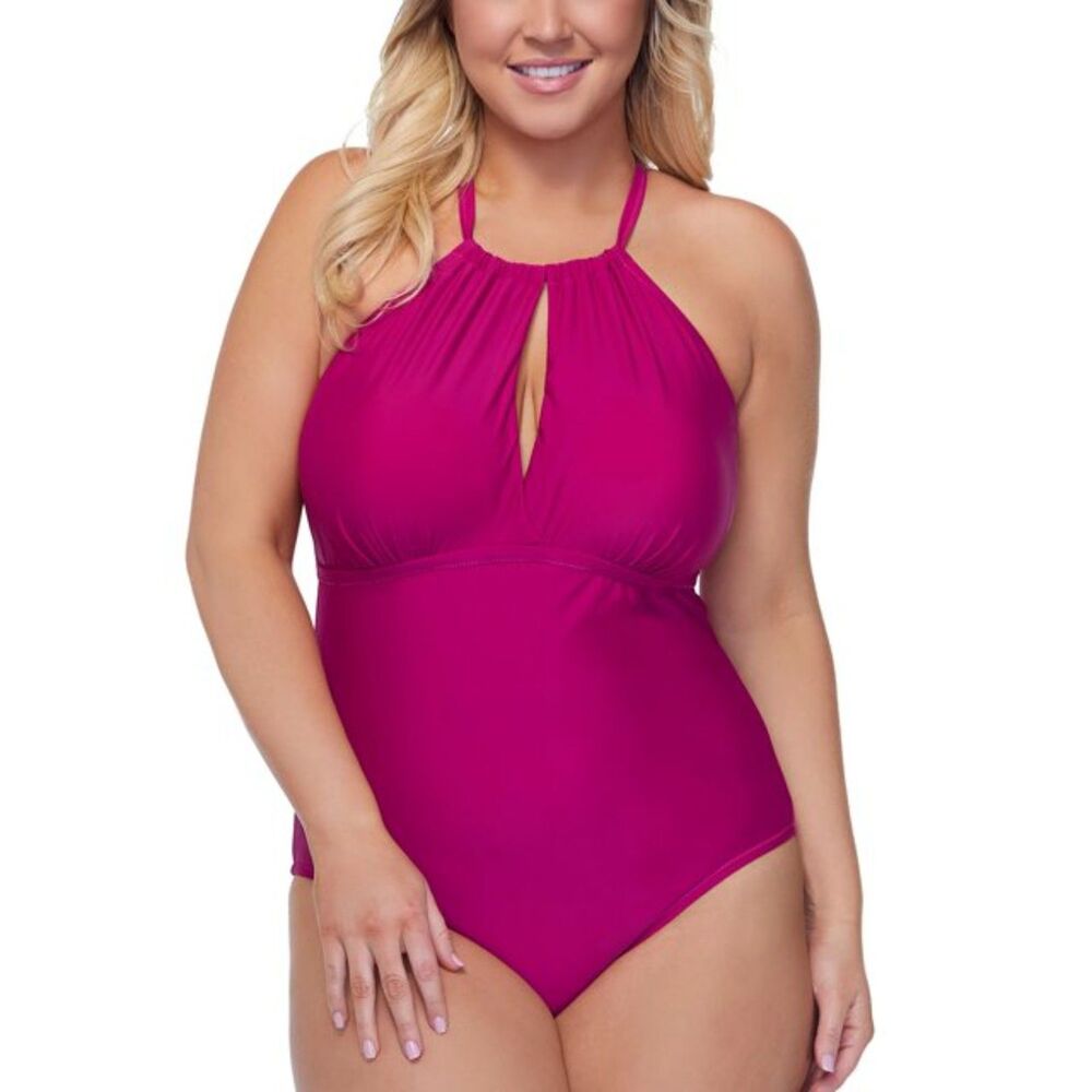 NEW Fuchsia Pink Plus Sz 18 High Neck Keyhole Built in Bra 1 Pc Swimsuit RAISINS